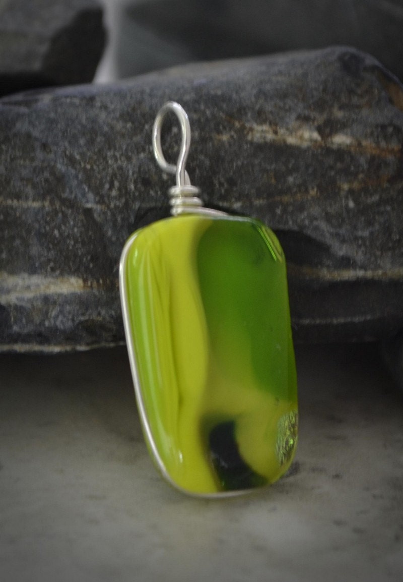 Dichroic Fused Glass Pendant - yellow and green fused glass jewelry (by Meagan Chaney Gumpert)