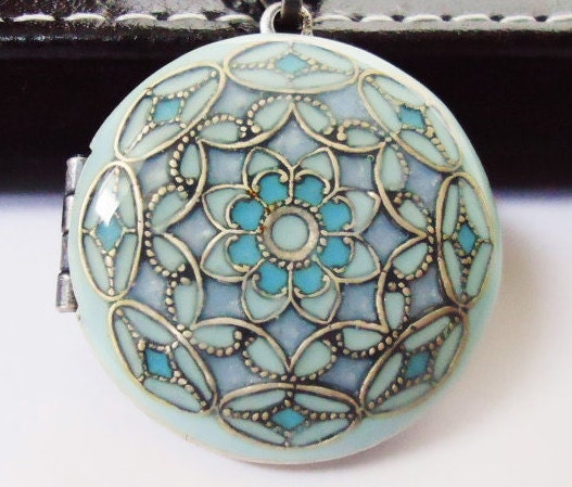 Sky Blue, Periwinkle, Turquoise Locket Necklace, Resin, Antique Silver Chain, Rotsina