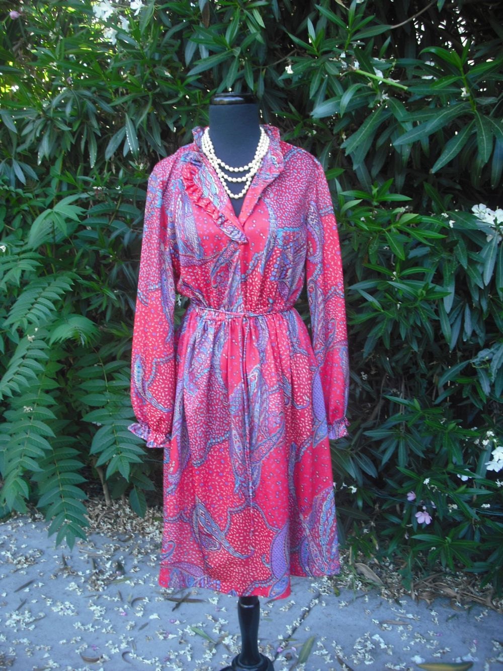 1970's Red Polyester Paisley Dress