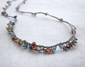 Tiny Rainbow Fringe of dangling colorful glass beads on gray crocheted necklace