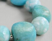 Chunky Sky Blue Gemstone Beaded Bracelet . Round White Faceted Agate . Aqua Marble Nugget . Sterling Silver - The Sky Handmade Bracelet