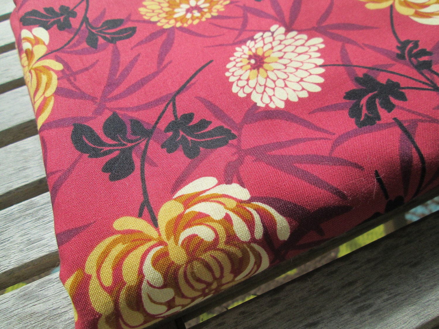 One Yard of Chrysanthemum Print Fabric in Gold and Black on Burgundy