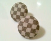 grey checkered - fabric button earrings