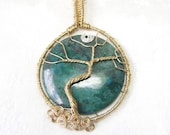 Forest Moon Tree of Life Necklace, Wirework Tree Pendant, Green Stone Pendant