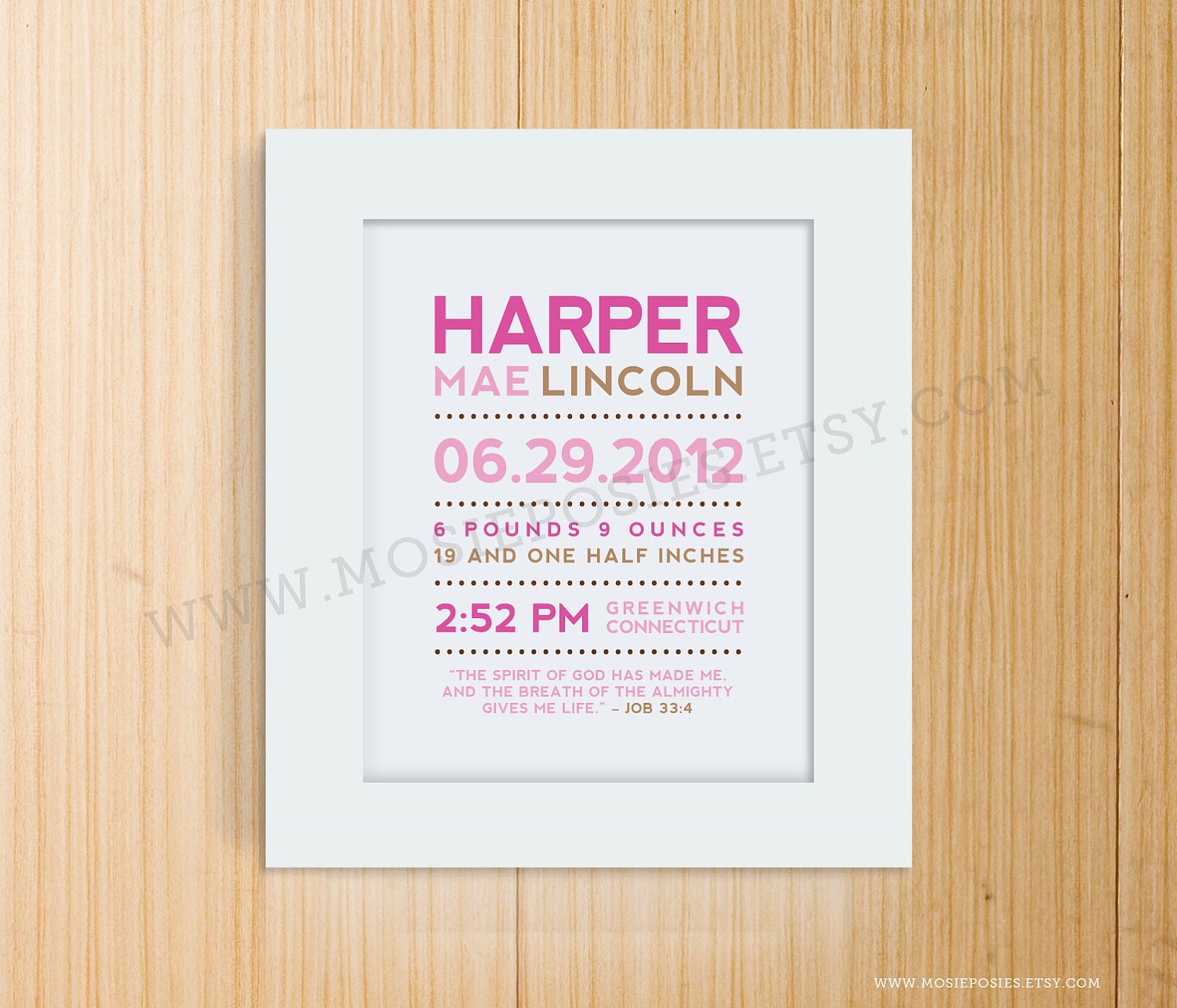 Modern Typography Birth Announcement Print with Bible Verse or Poem