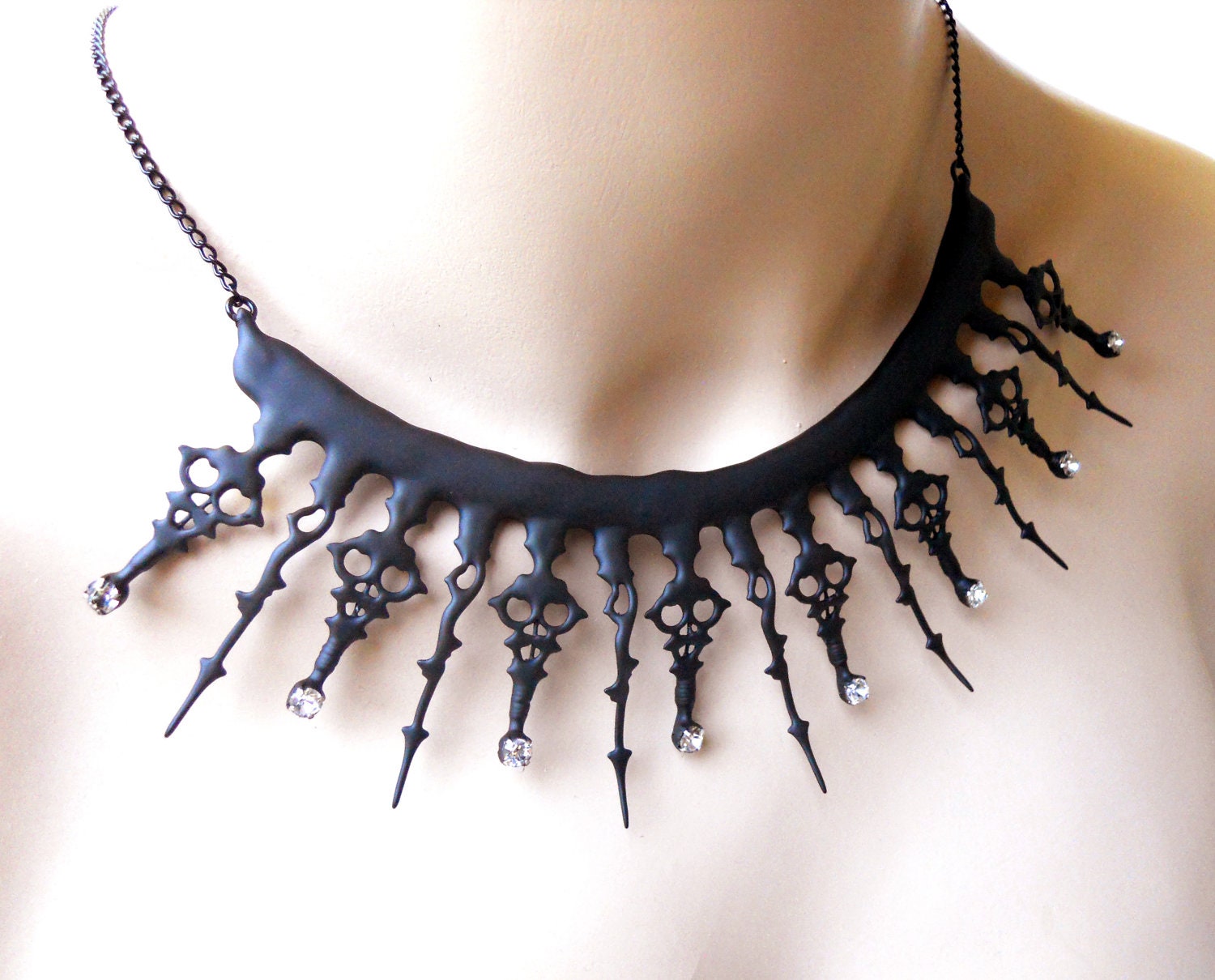 Gothic Neo-Victorian Black Clock Hand Statement Necklace- A Stitch in Time with Sparklies