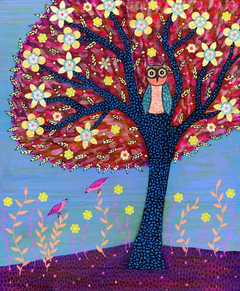 Whimsical Folk Art, Owl Collage Art, Owl Nursery Decor, Childrens Decor, Art Print on Wood
