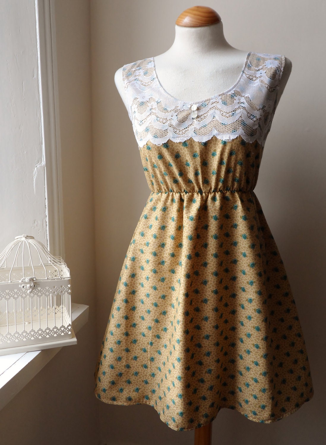 Dress in Mustard and Teal Rose and Floral Whimsical Dress S