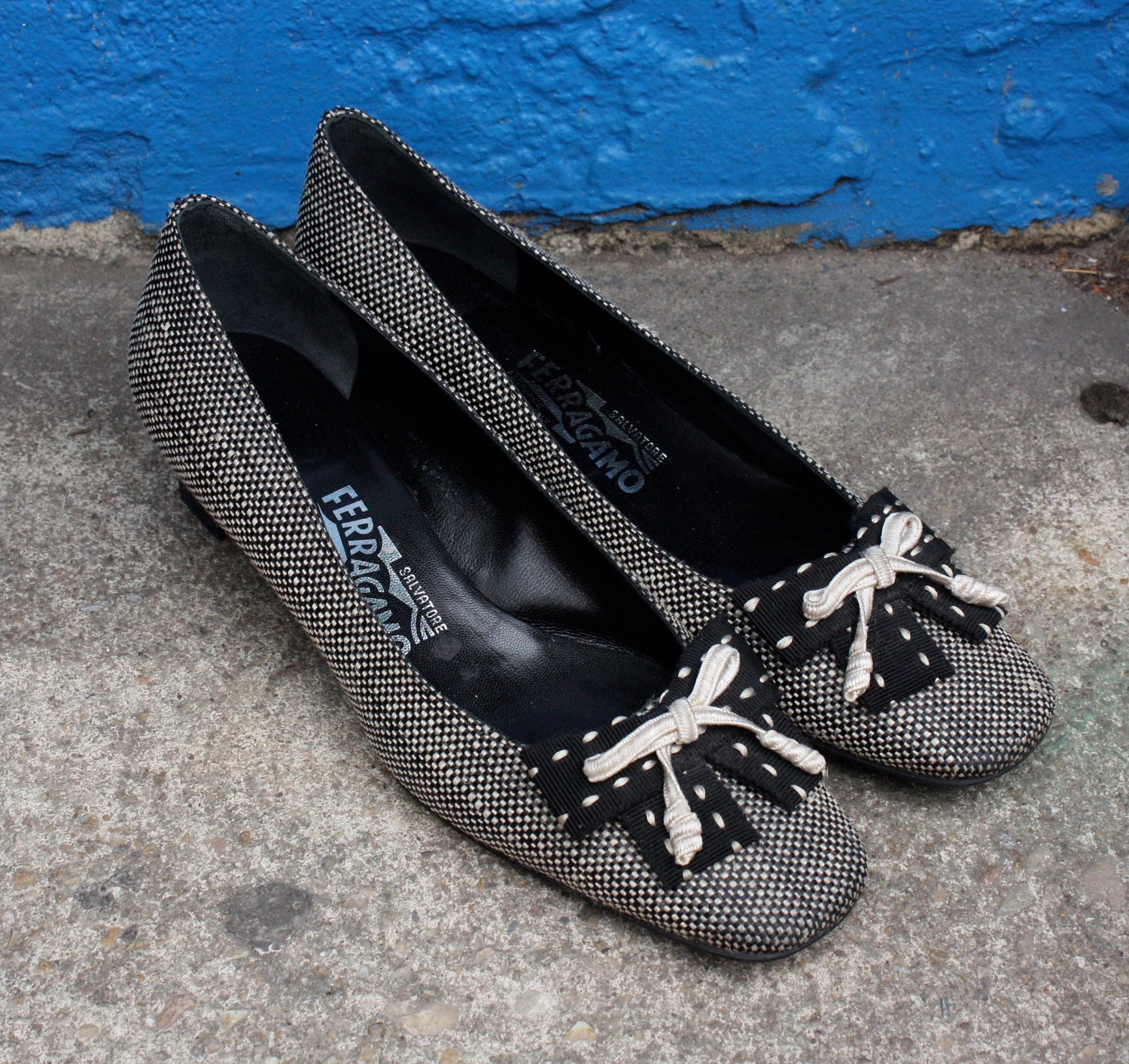 1980s Ferragamo Black & White Ribbon Heels