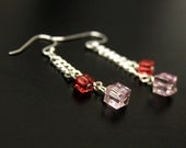 Swarovski pink crystal cube earrings with sterling silver ear wires - Valentine Gift Wrapped and Ships Immediately