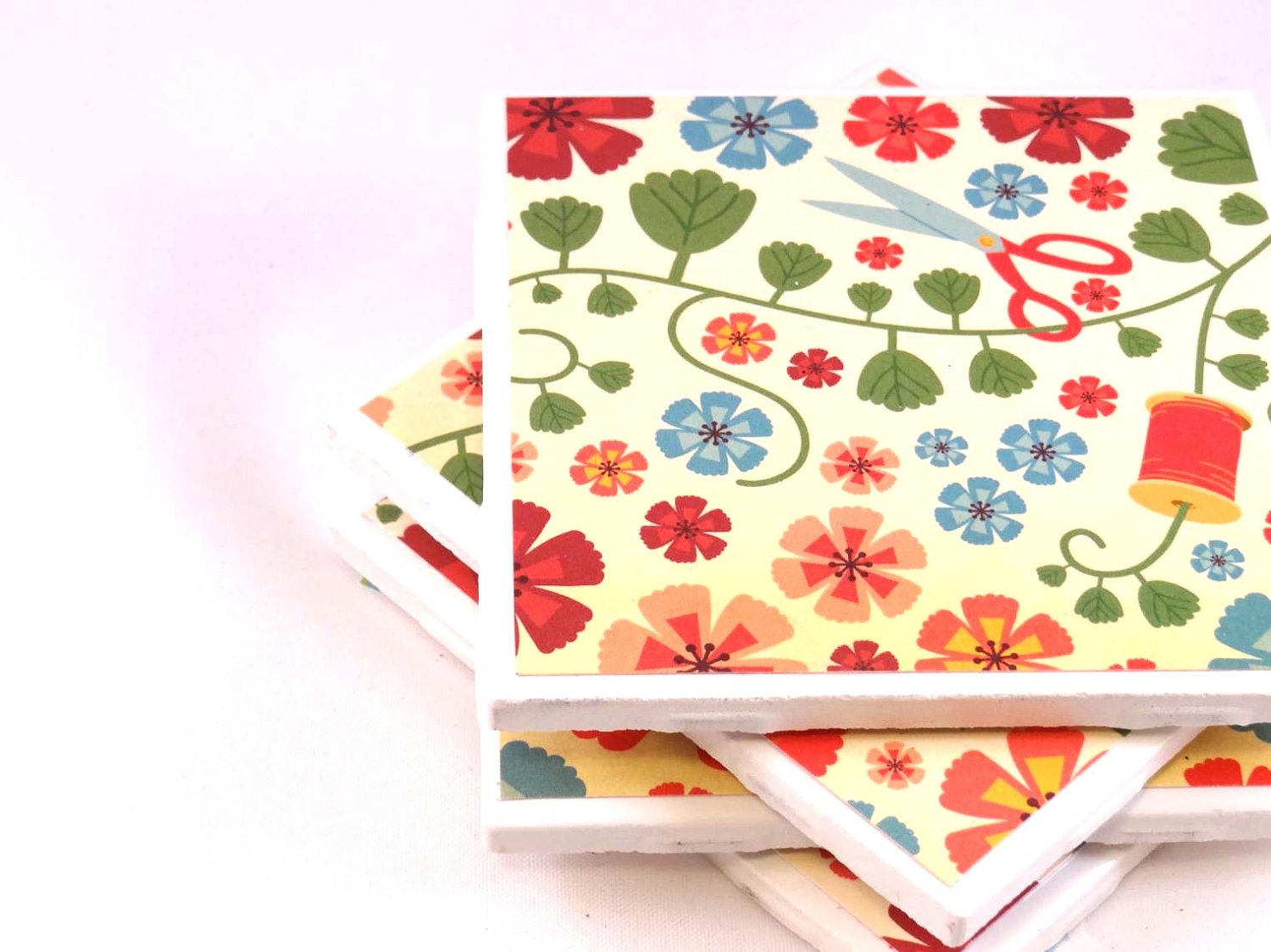 Tile Coasters - Crafty Floral - Set of 4 Ceramic Tile Coasters