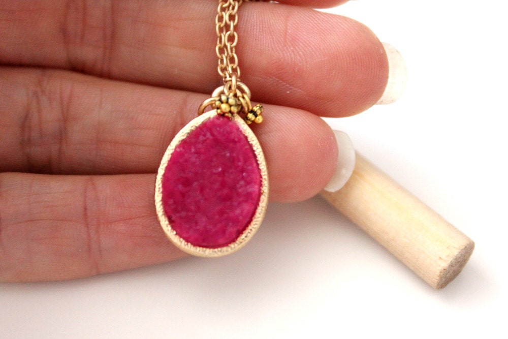 Teardrop pink druzy pendant on gold chain