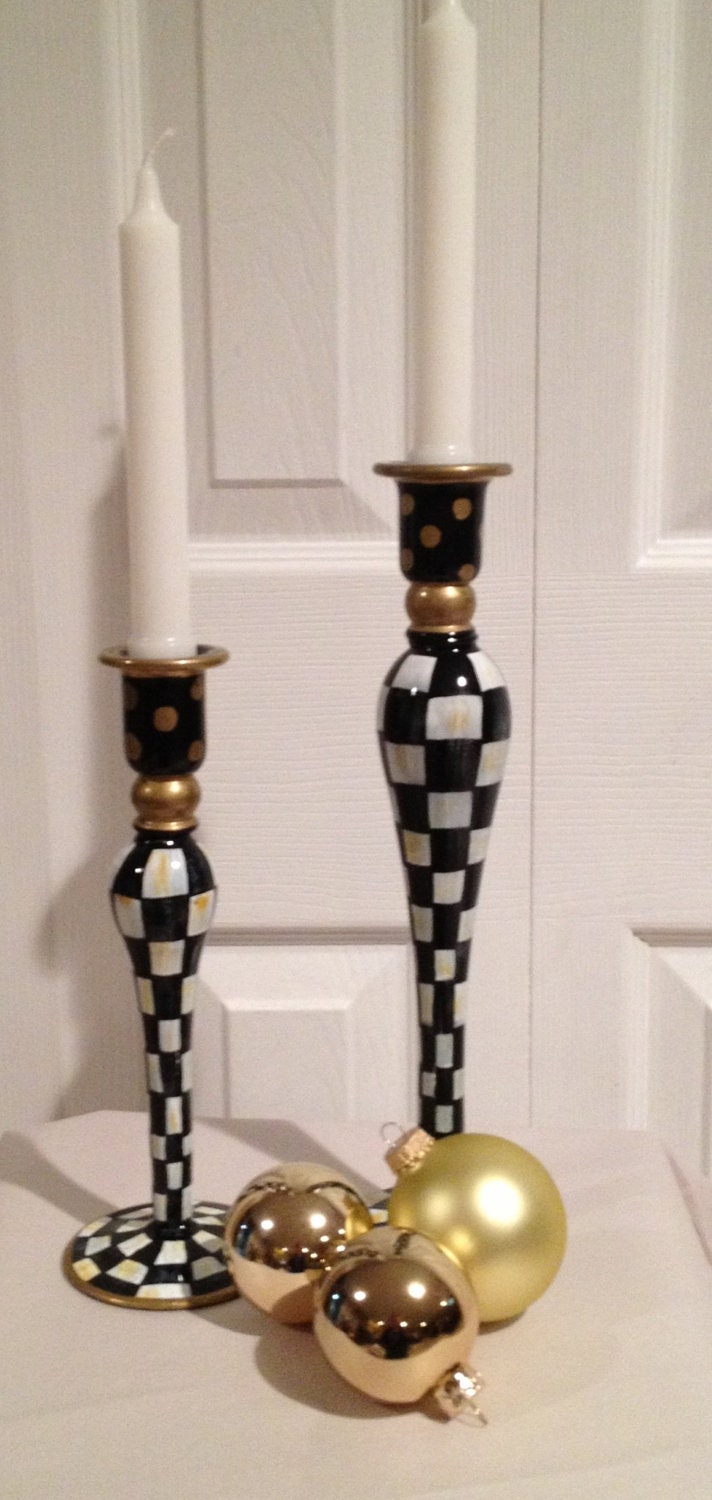 Hand painted black and white checked candlesticks decoration.  PAIR. Candlestick