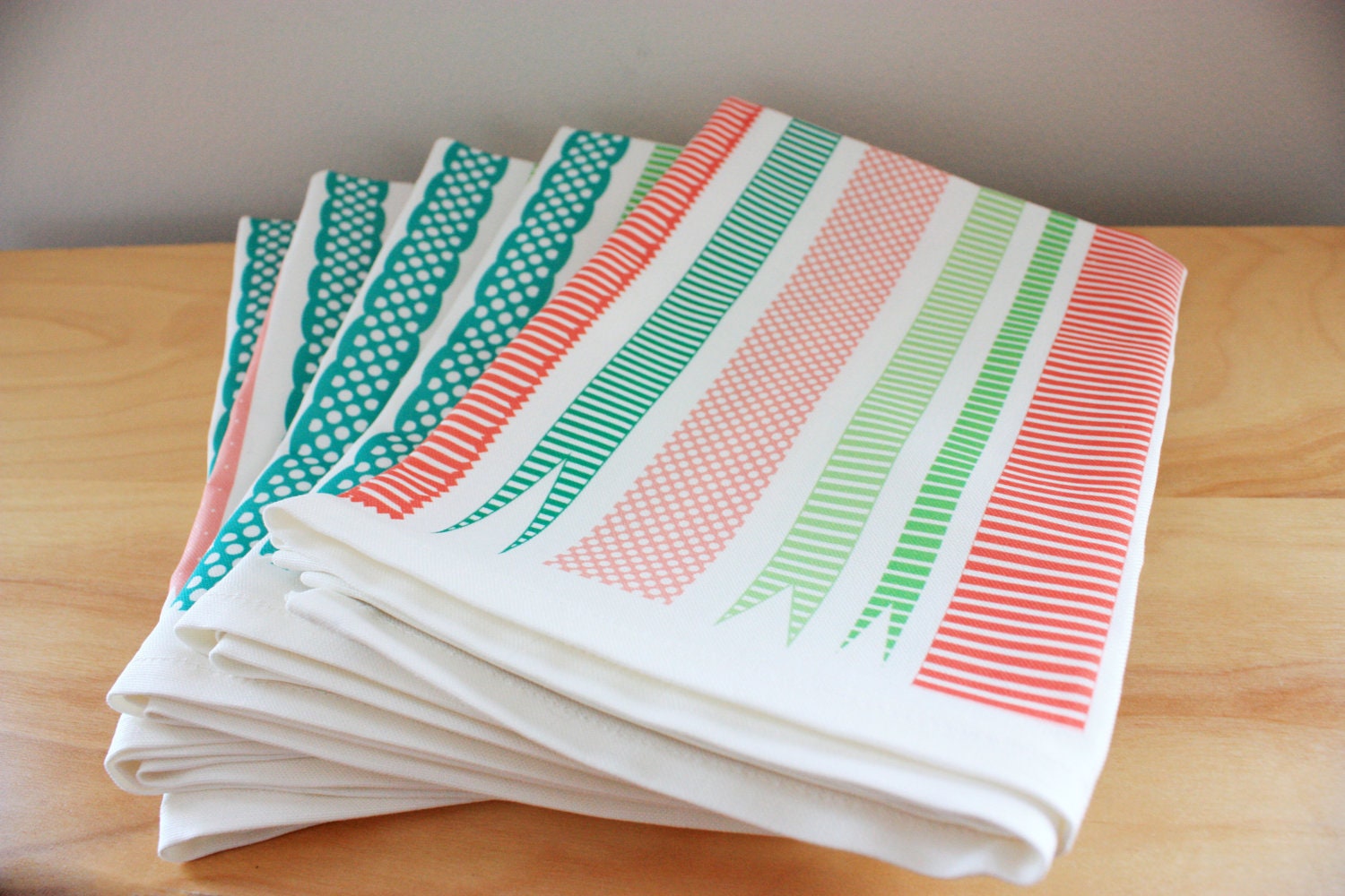 Christmas Tea Towel in Pink, Red and Green - Linen Cotton blend Tea Towel 18 x 24 inch - wickedmint