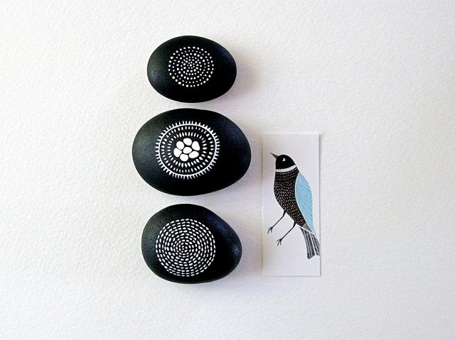 abstract seedpods 3. set of three beach pebbles with handpainted designs. nature inspired art objects by natasha newton
