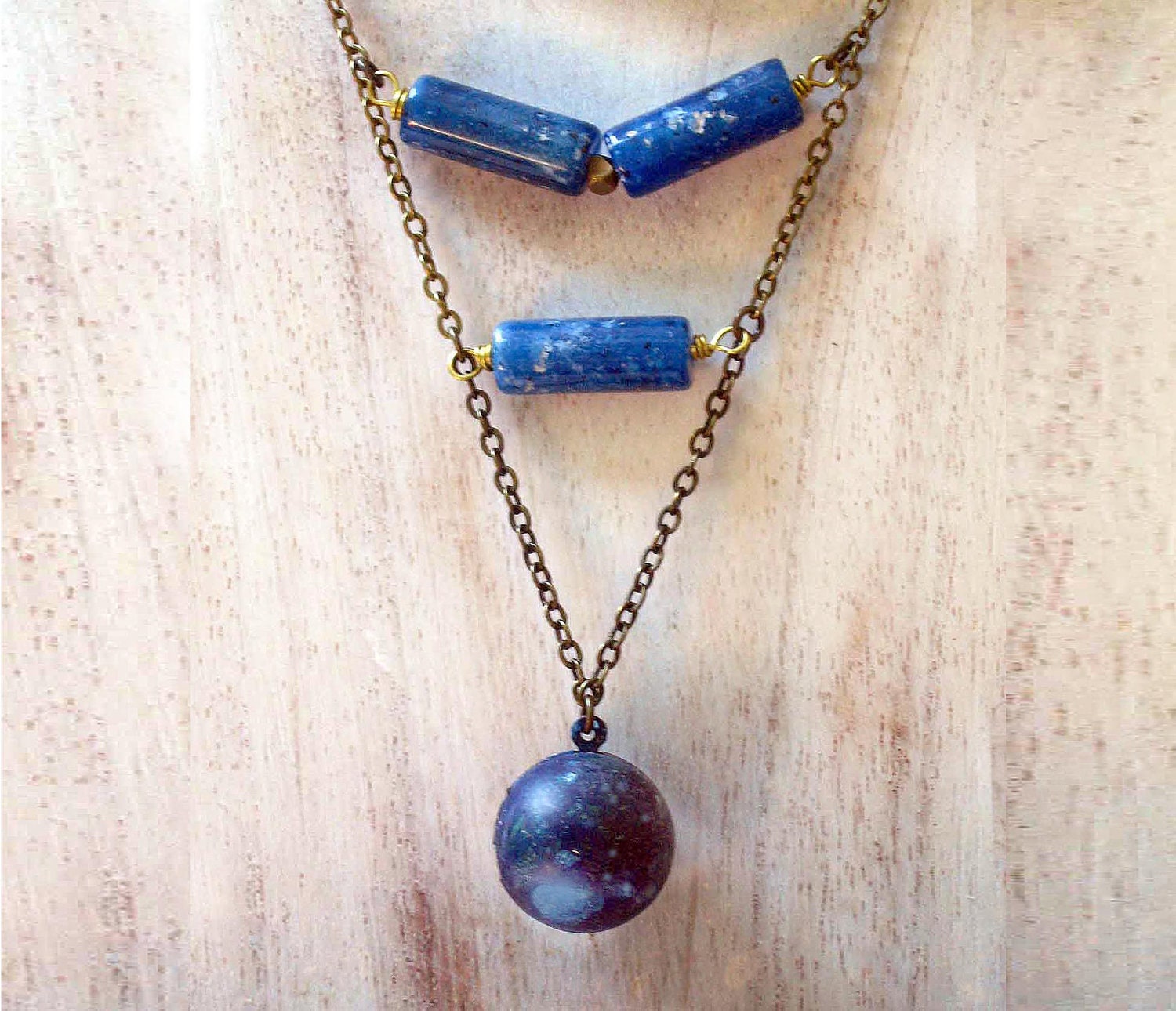 Celestial Planet Locket Pendant - Stars Galaxies Necklace Neptune - Midnight Dark Blue - White Clouds - Tribal, Bohemian - Gift Box