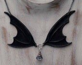 Bat Wing Necklace - Black Patina Brass Vampire Wings Pendant - Halloweenm Gothic, Steampunk - Wire Wrapped Mystic Labradorite  Drop