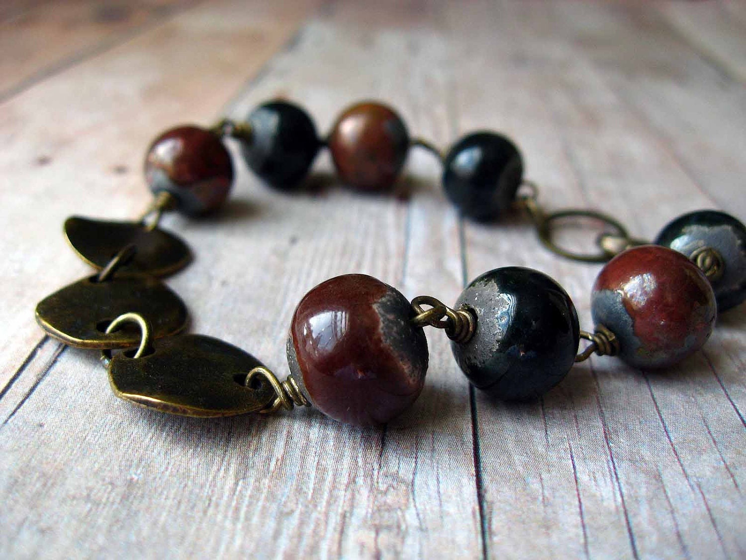 Metallic Brown Bracelet - Copper, Bronze, Black - Ceramic Raku Beads - Autumn, Fall Fashion - Gift Box