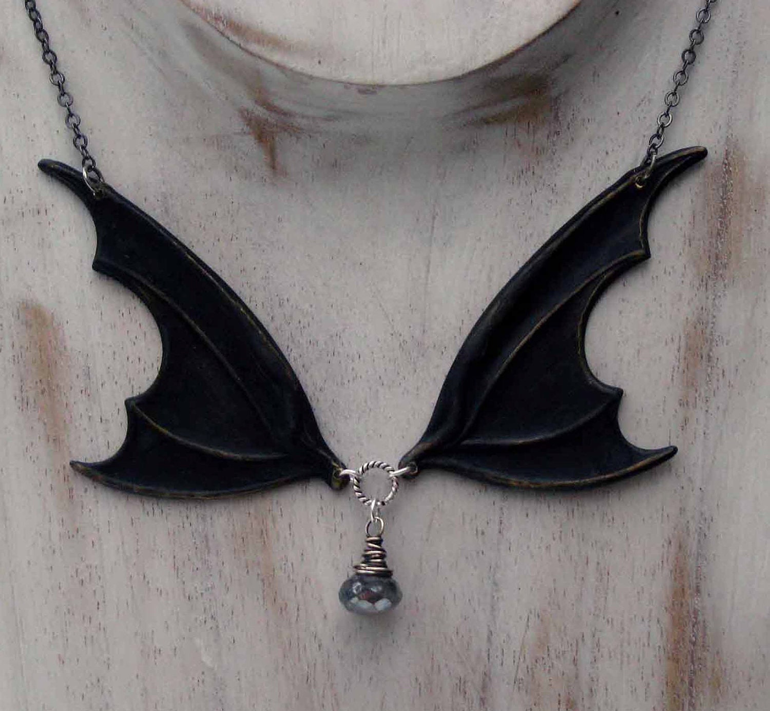 Bat Wing Necklace - Black Patina Brass Vampire Wings Pendant - Halloweenm Gothic, Steampunk - Wire Wrapped Mystic Labradorite  Drop