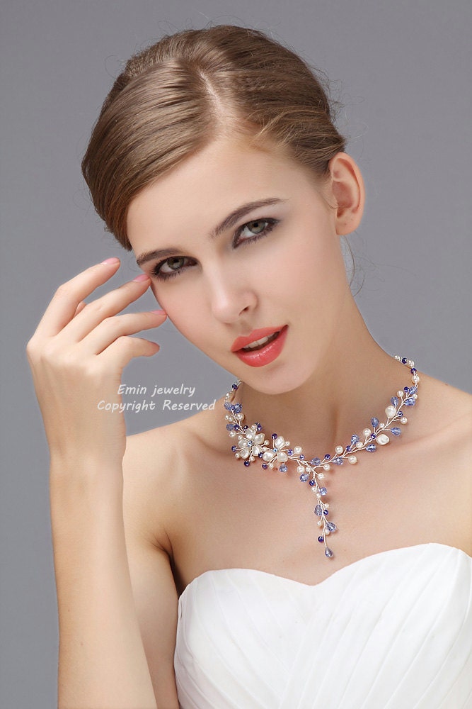 Pearl Bridal Necklace, Wedding Necklace, Something Blue, Ivory White Pearl Bridal  Jewelry, Crystal Rhinestone Blue Red Wedding Jewelry