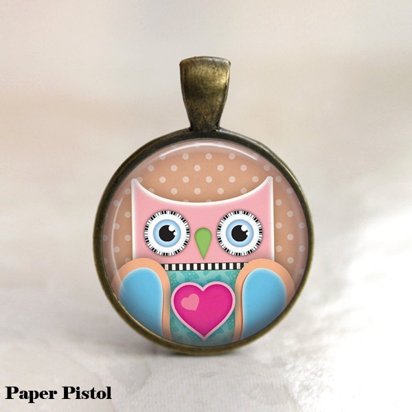 Owl Pendant Necklace in Bezel with Chain  - Brown Polka Dots