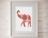 Damask Elephant  in pink and brown - Fine Art Print, Nursery, wall decor,  jungle, animal, illustration, modern art