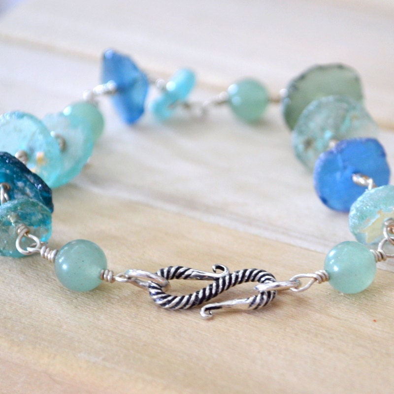 Ancient Glass Artifacts Bracelet  Aventurine Sterling Silver - Seaside