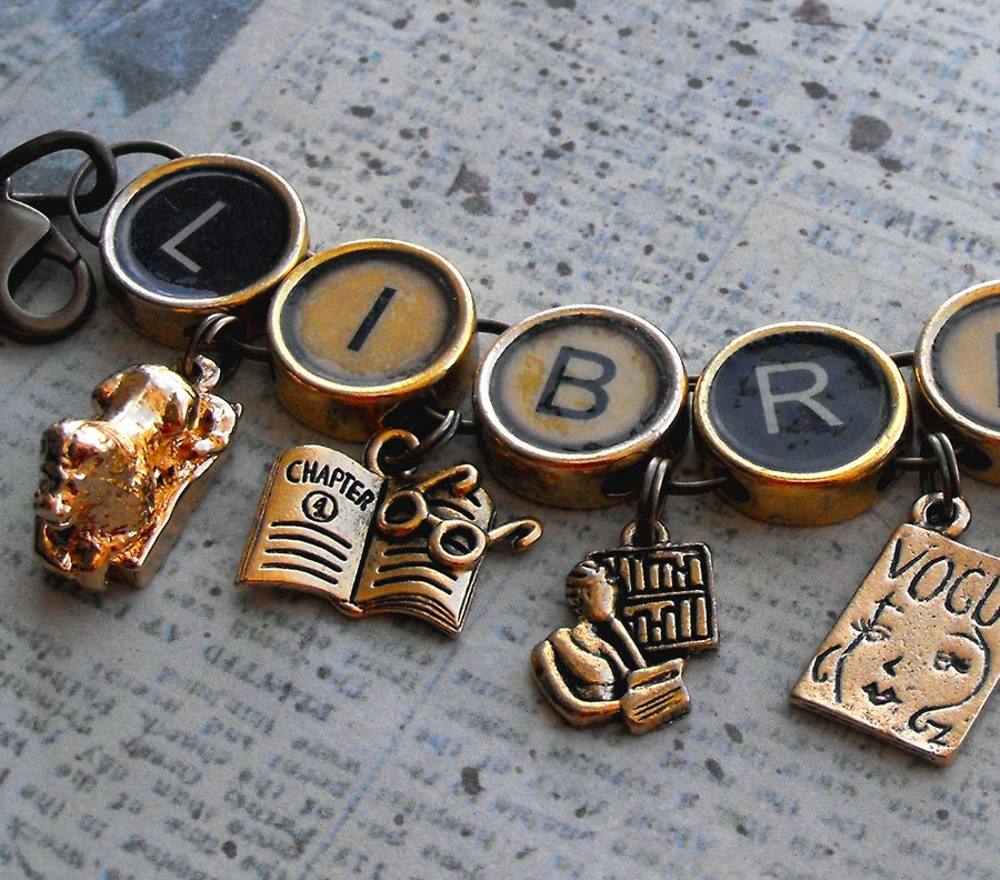 Librarian Charm Bracelet Library Bookish Literary Jewelry Goldtone