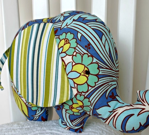 Stuffed Elephant Softie Toy Baby Toddler Gift Plush Animal Blue Yellow Green Stripes Designer Prints