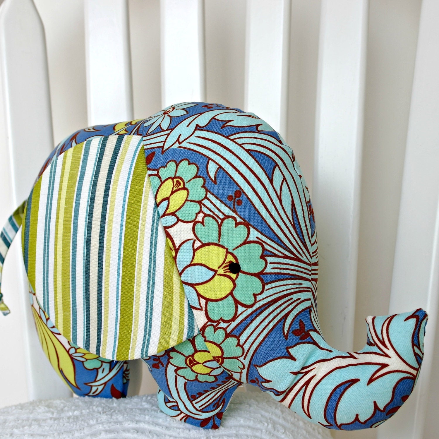 Stuffed Elephant Softie Toy Baby Toddler Gift Plush Animal Blue Yellow Green Stripes Designer Prints