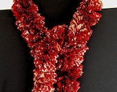 Ribbon Ruffle Knit Scarf Red with Silver Metallic Thread Yarn