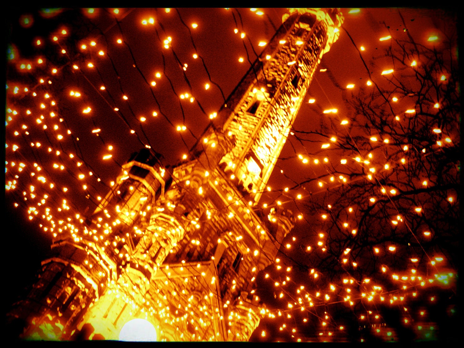 Chicago Photography Chicago water tower print  twinkle lights dreamy golden sepia vintage wall art decor 8 x 10 matted