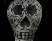 Day of the Dead Skull Tiki Pendant Necklace Dia de Los Muertos Halloween - Black on white