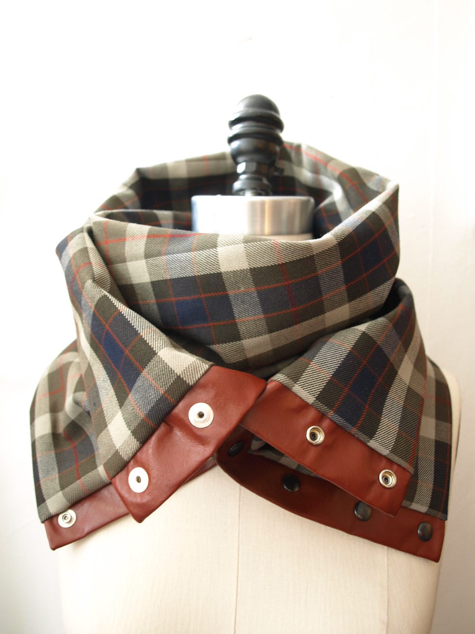 Khaki , gray , navy plaid Chunky circular infinity scarf