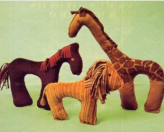 Cute Vintage 1970s Corduroy Critters Stuffed Animal Toys Sewing Pattern--Giraffe, Lion, Horse - allsfairyvintage