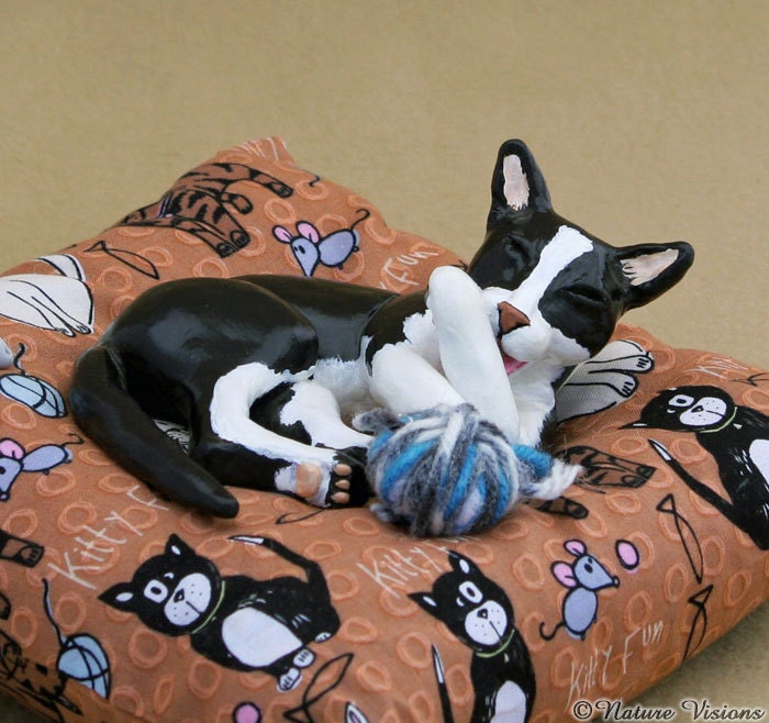 Black and White Cat Figurine Tuxedo Cat & Mouse Polymer Clay Pet Sculpture Animal Art