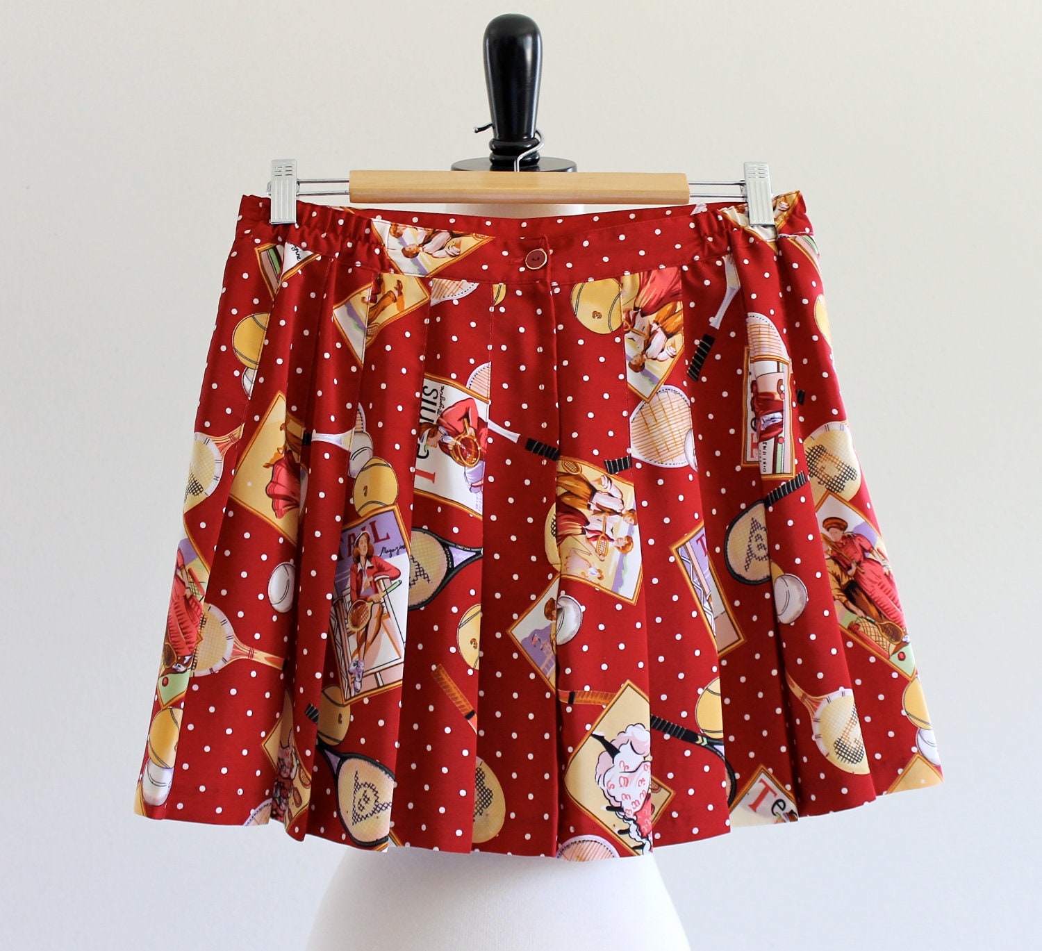 80s Red Polkadot Pleated High Waist Novelty Tennis Sports Theme Mini Swing Skirt . ML . D214