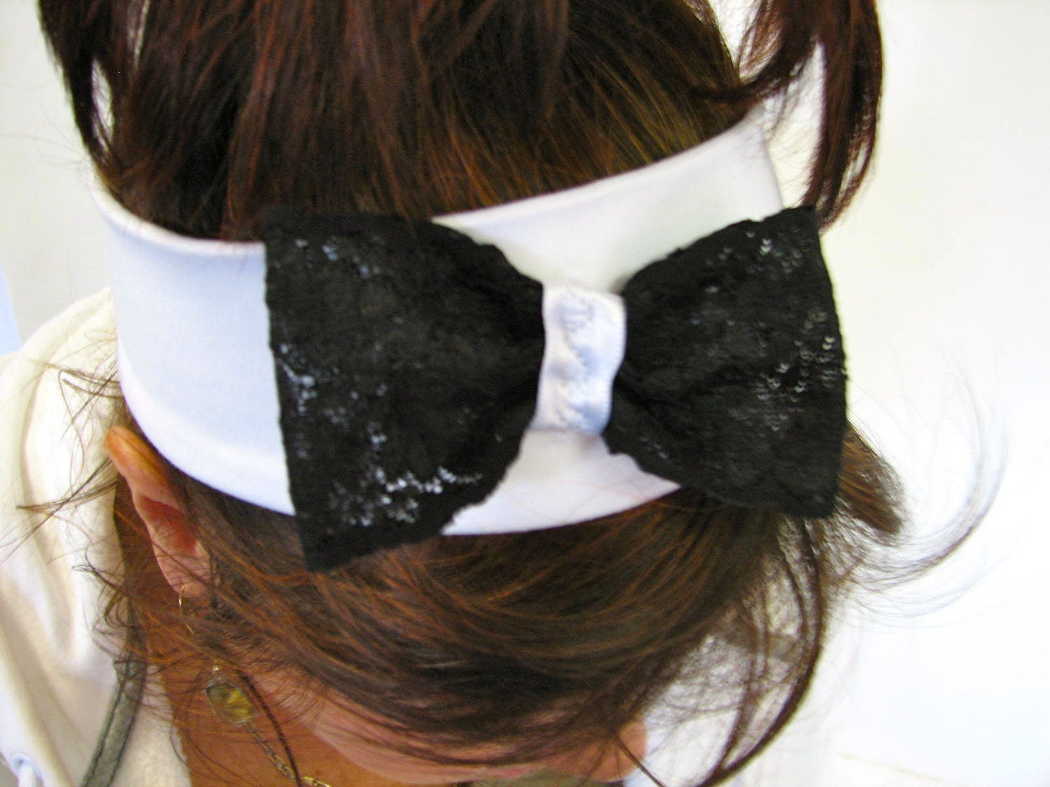 Stretch Headband Simple White with Black Lace and Satin bow