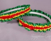 Rasta Wedding Garter Set in Red, Yellow and Green Satin with Tailored Bows
