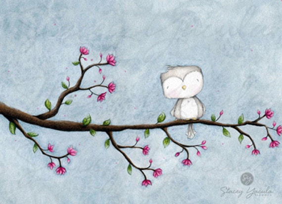 Art Print, Bird, Grey, Gray, Blossom, Spring, Illustration,