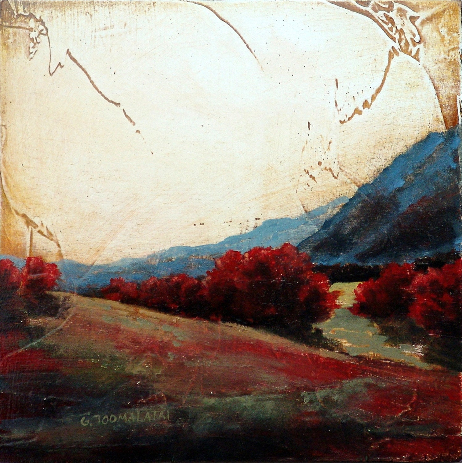 Red trees in rural landscape hills landscape original oil painting on board 8 x 8 inches
