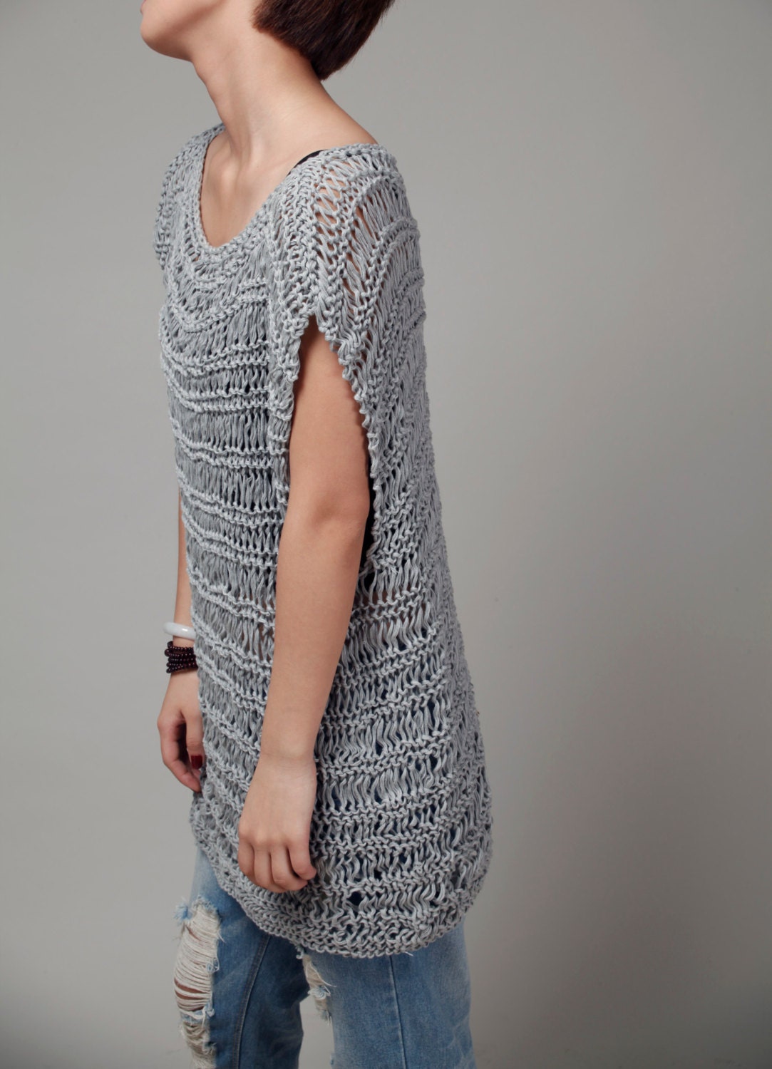 Hand Knitted cotton Tunic in Stone Grey