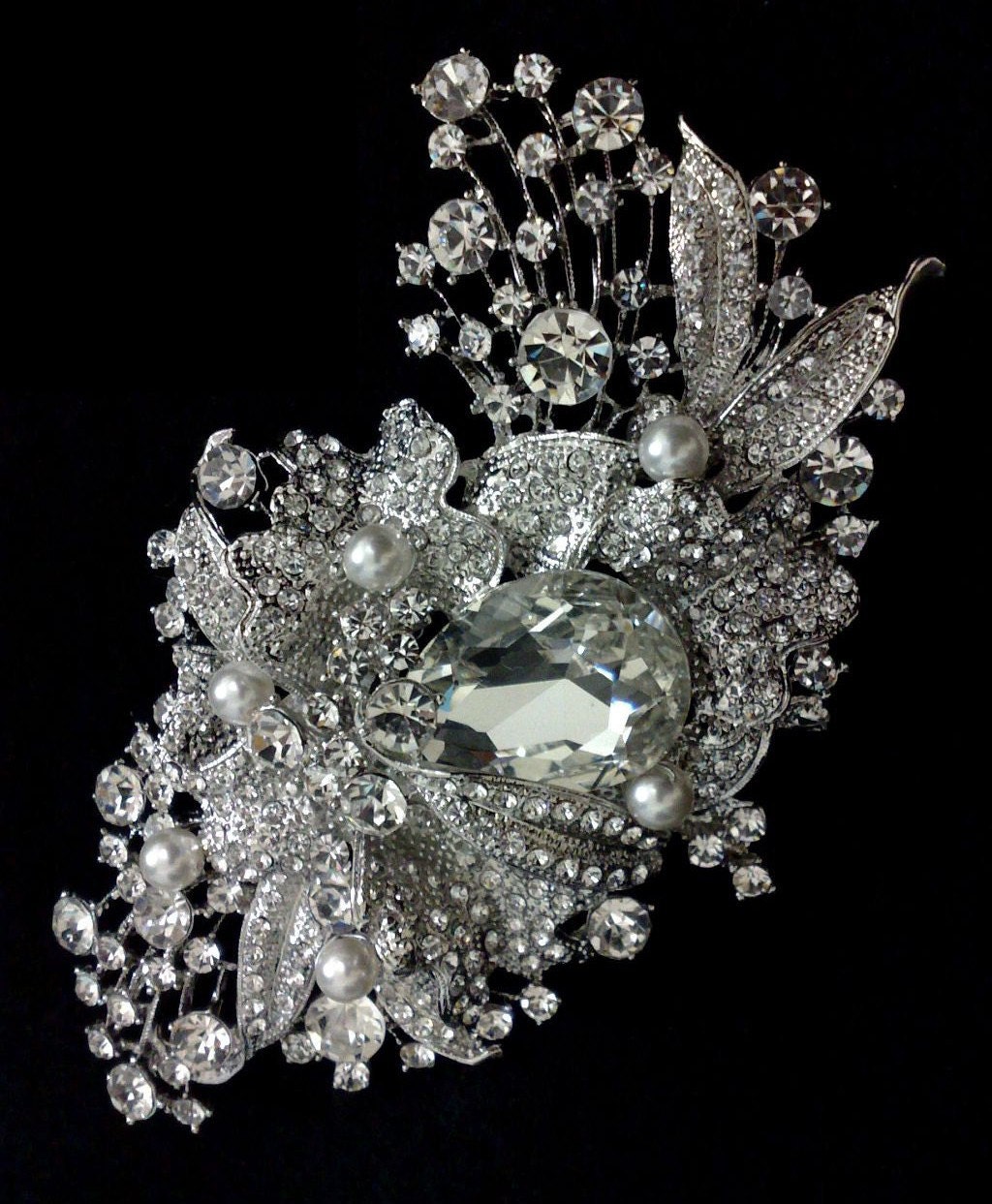 Bridal Dress Brooch, Rhinestone Crystal Broach, Art Nouveau Weddings, Pearl Jewelry, ABBEY