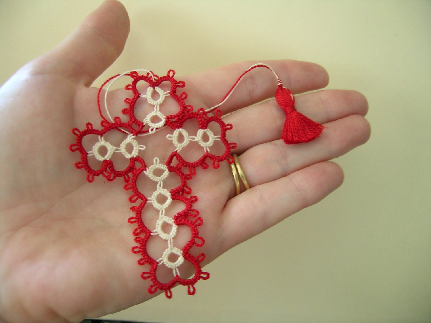 Cross Bookmark Red and Ecru Tatted Lace Handmade Tatting