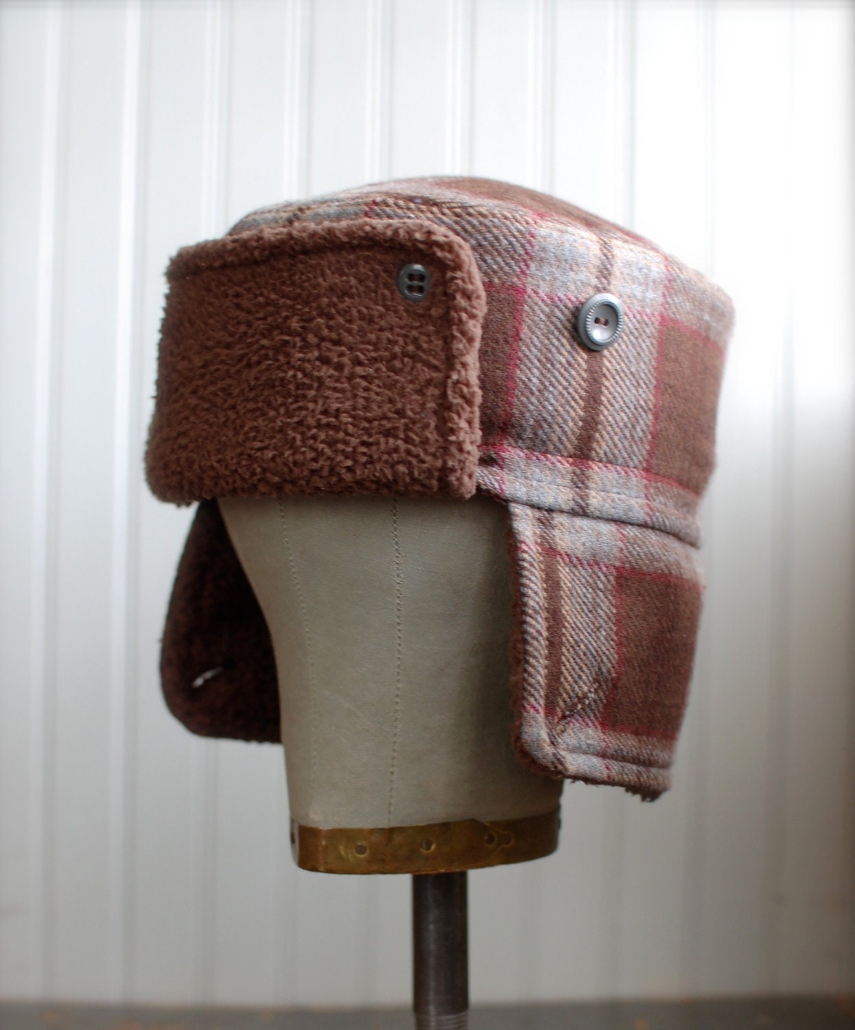 Upcycled fabric hat in brown plaid wool: adult furry russian hat - medium