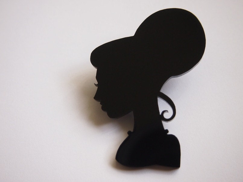 Black Perspex Silhouette Girl with Beehive Hair - Laser Cut Brooch