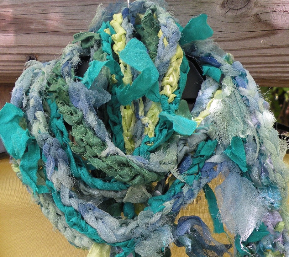 Crochet necklace scarf: multicolor women's long skinny knit fashion scarflette, fiber art bohemian blue green teal yellow silk i786