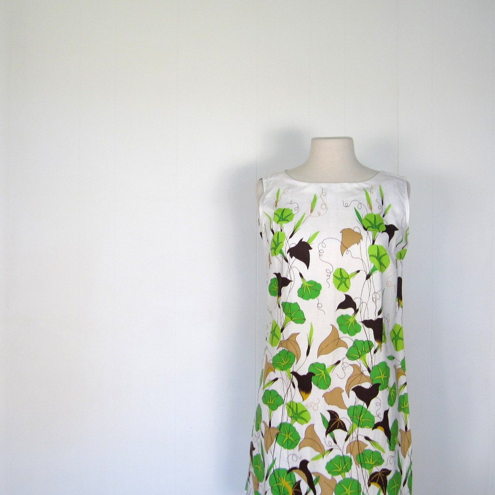 1960s Floral Dress / 60s Dress / Trumpet Vines / M Medium