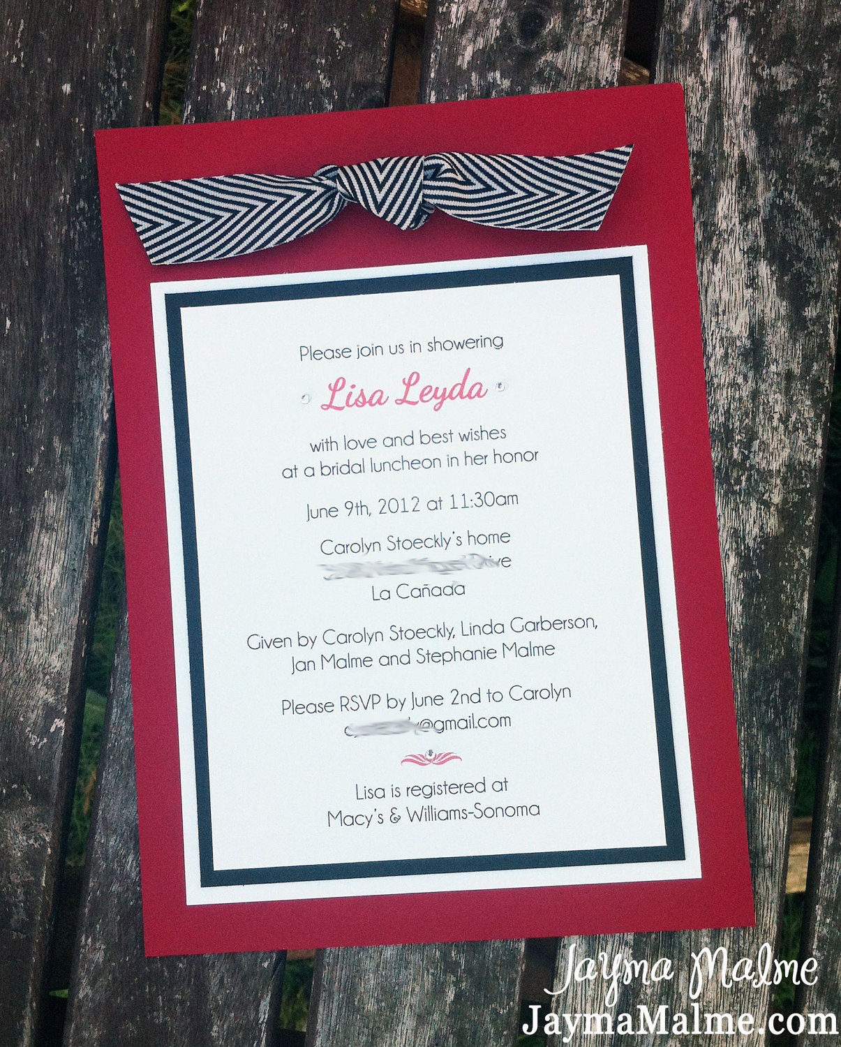 Chevron Ribbon Bridal Shower Invitations - red, black & white - Custom