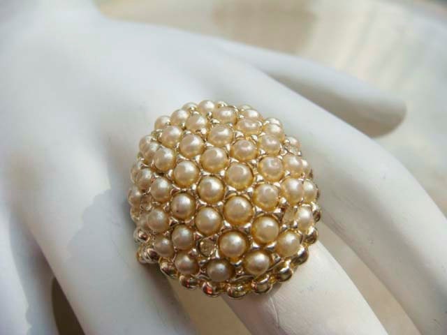 Vintage pearl cluster and rhinestone cocktail ring